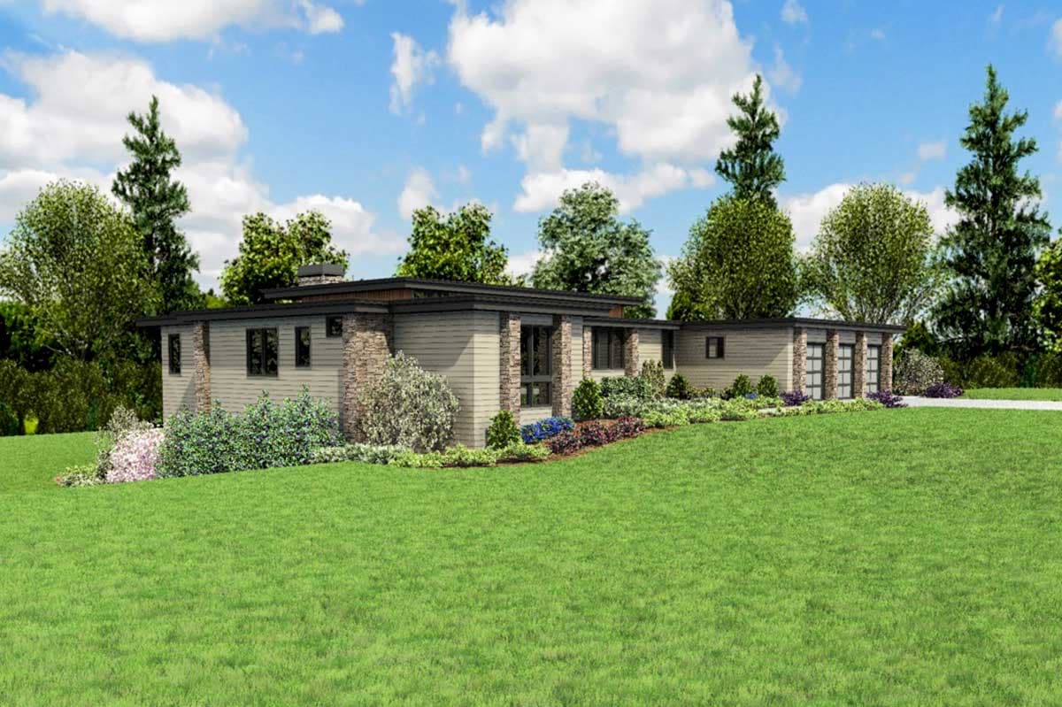 Modern house plan exterior, one story, with stone accents, flat roof, and three-car garage.