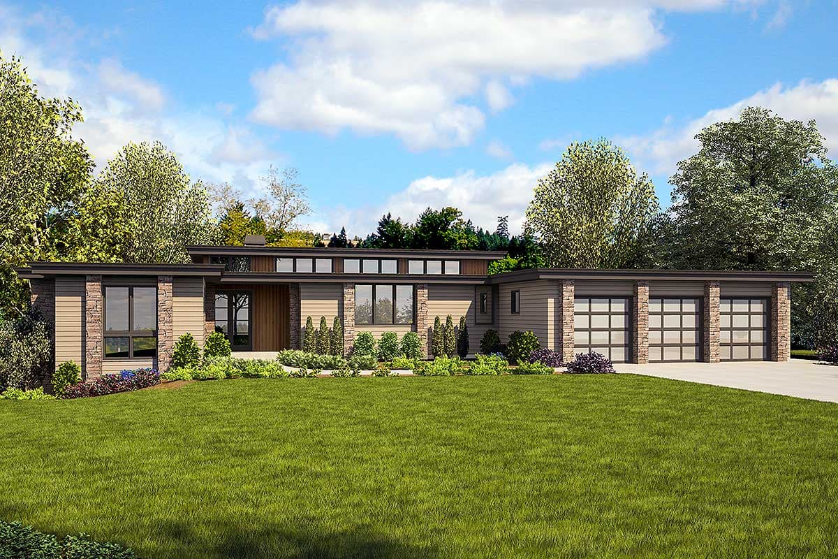 House plan exterior with modern style, single story, flat roof, and stone accents. Features include large windows and a three-car garage.