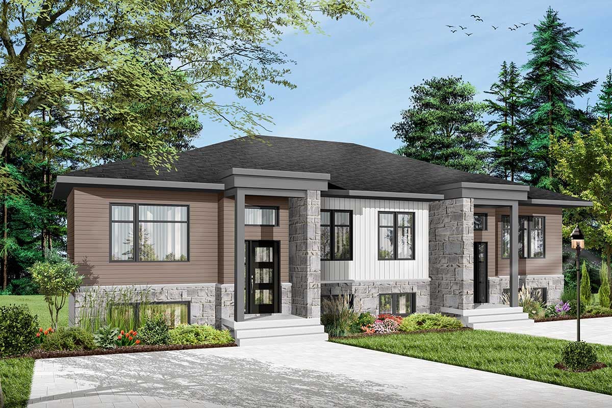 House plan exterior. Contemporary style, one story. Features include stone accents, covered entry, and flat roofline.