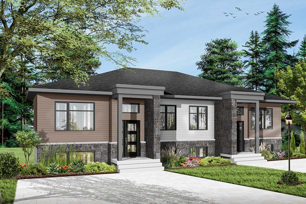 House plan exterior: Modern two-story duplex with stone and wood siding, flat rooflines, and covered entries.