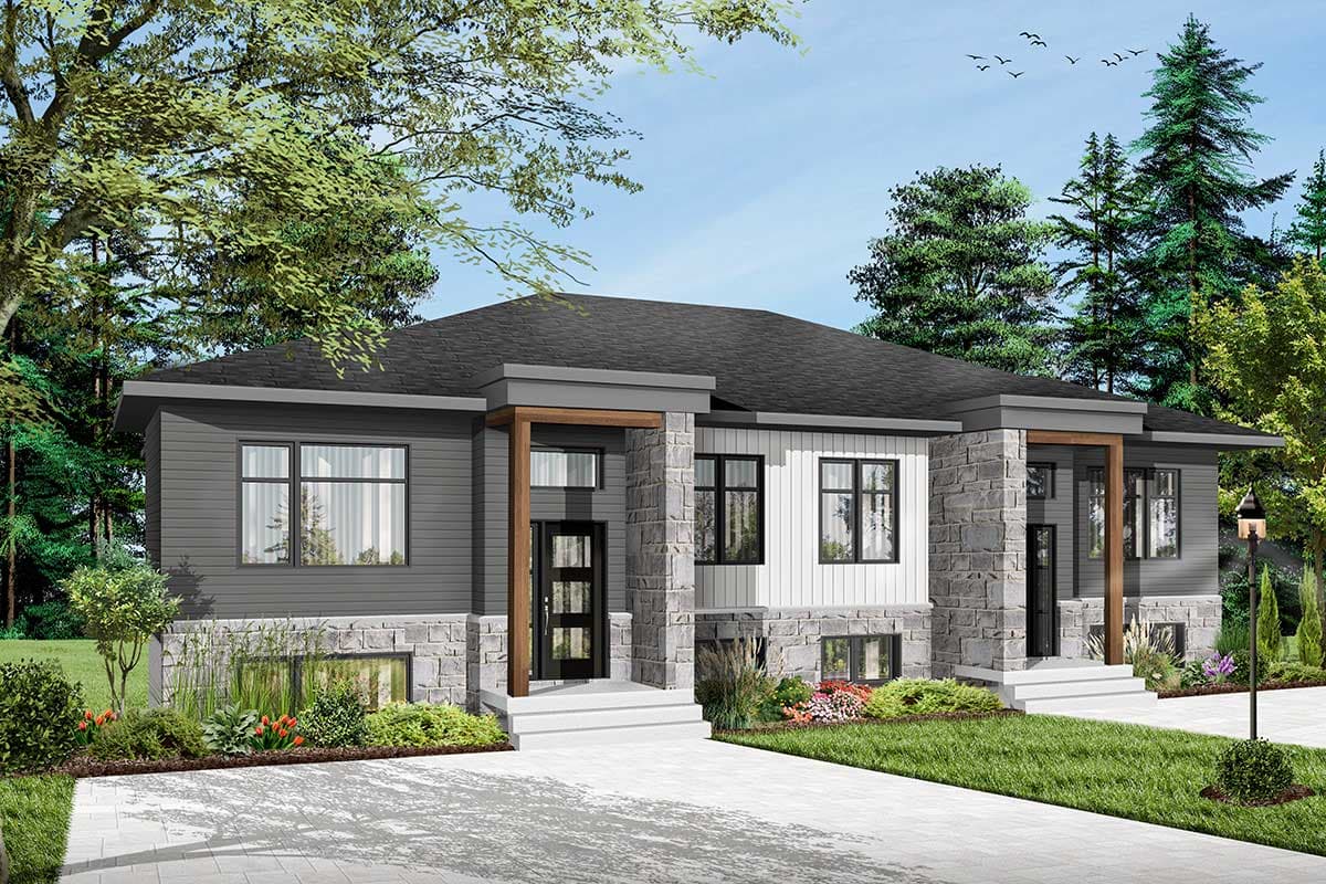 Modern house plan exterior with stone and horizontal siding, flat roofline, and two entryways with wooden beams.