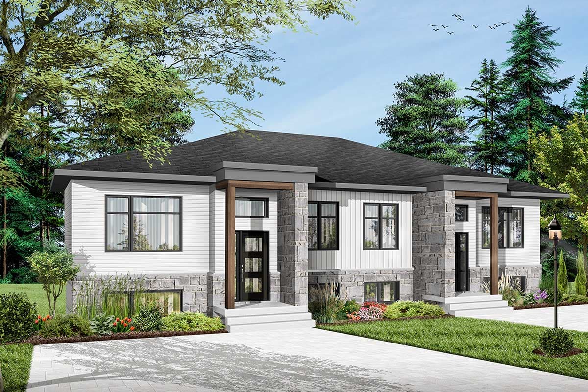 Modern house plan exterior with stacked stone accents, horizontal siding, large windows, and dual covered entries.