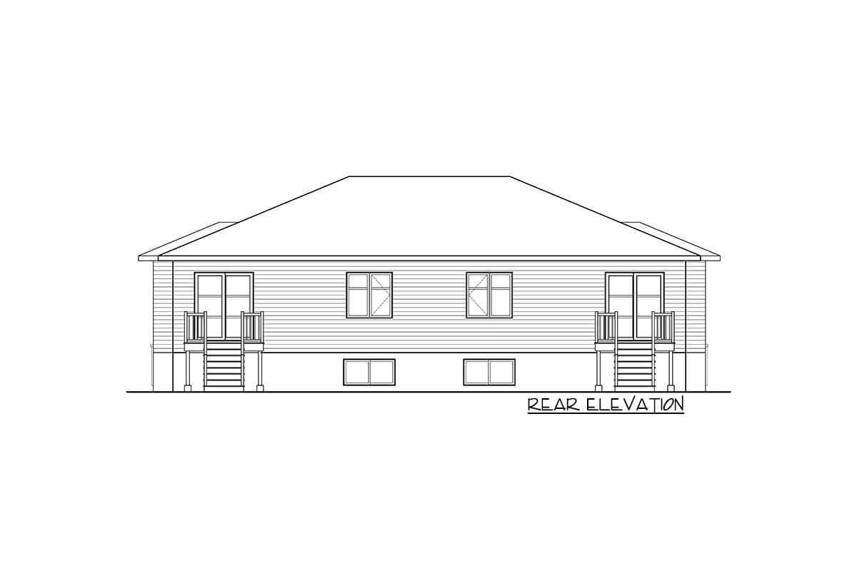Rear elevation drawing of a house plan featuring siding, two doors with stairs, and multiple windows on two levels.