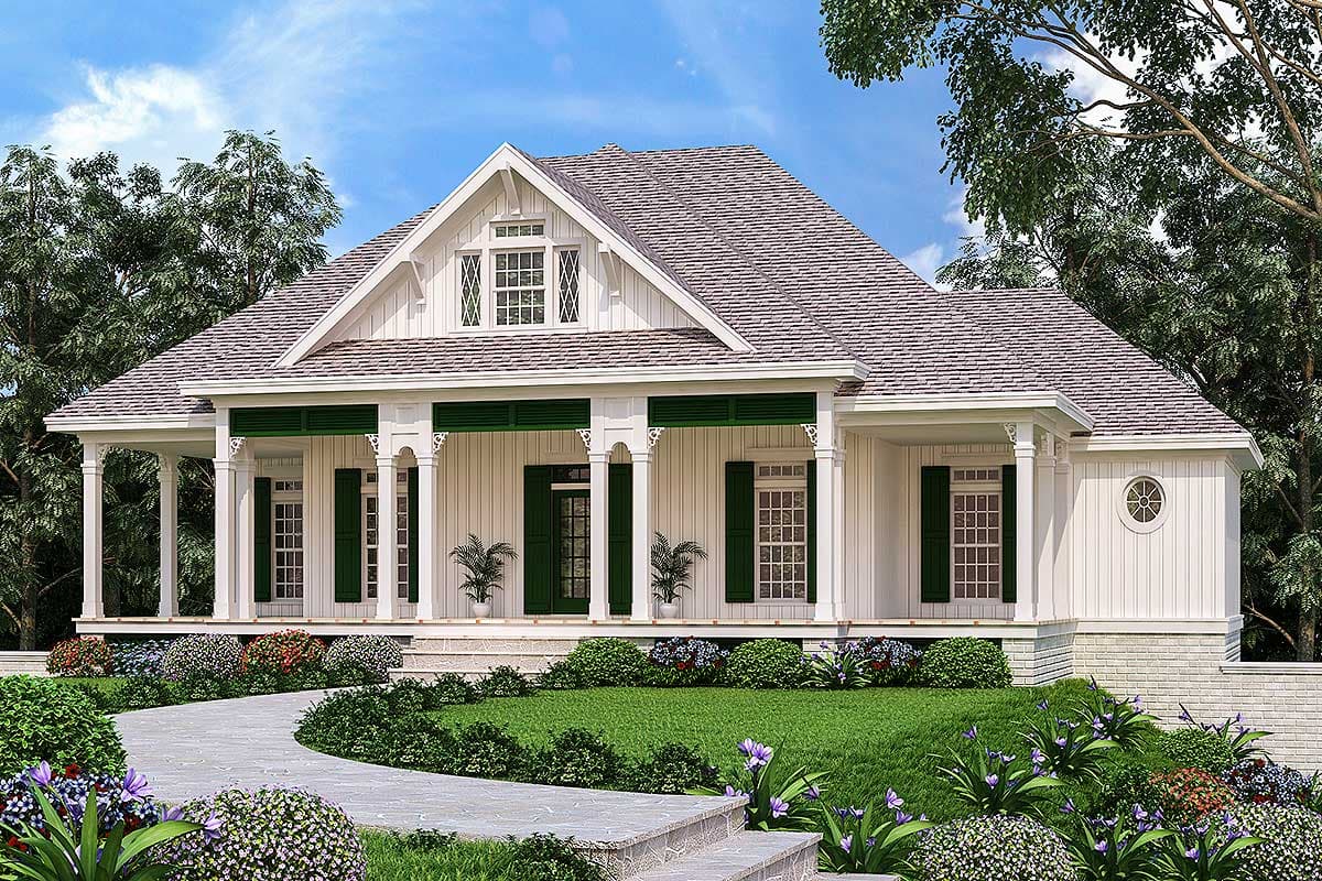 House plan exterior with two stories, a front porch with columns, a gabled roof, and decorative window shutters.