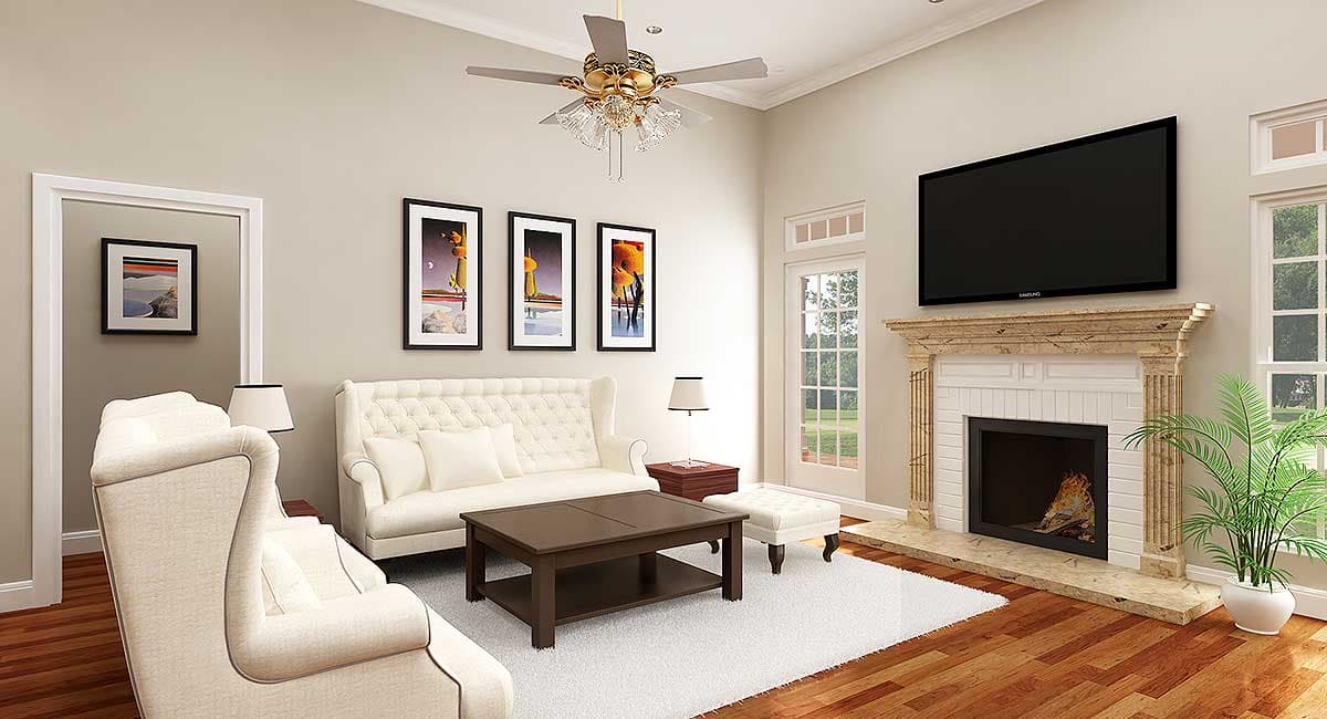 Living room interior rendering with fireplace, TV, white sofa, coffee table, and natural light from windows.