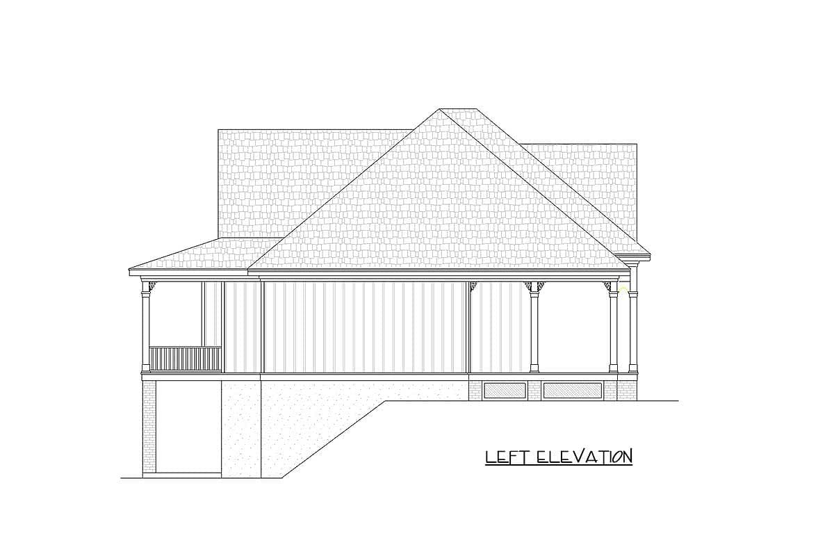 Left elevation of a house plan featuring a multi-level roof, wrap-around porch with decorative columns, and a lower level foundation.