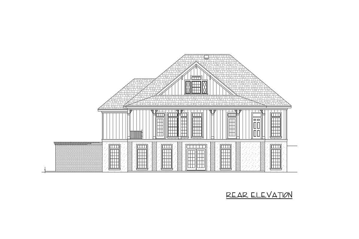 Rear elevation drawing of a two-story house plan featuring multiple gables, a hip roof, and a brick foundation.