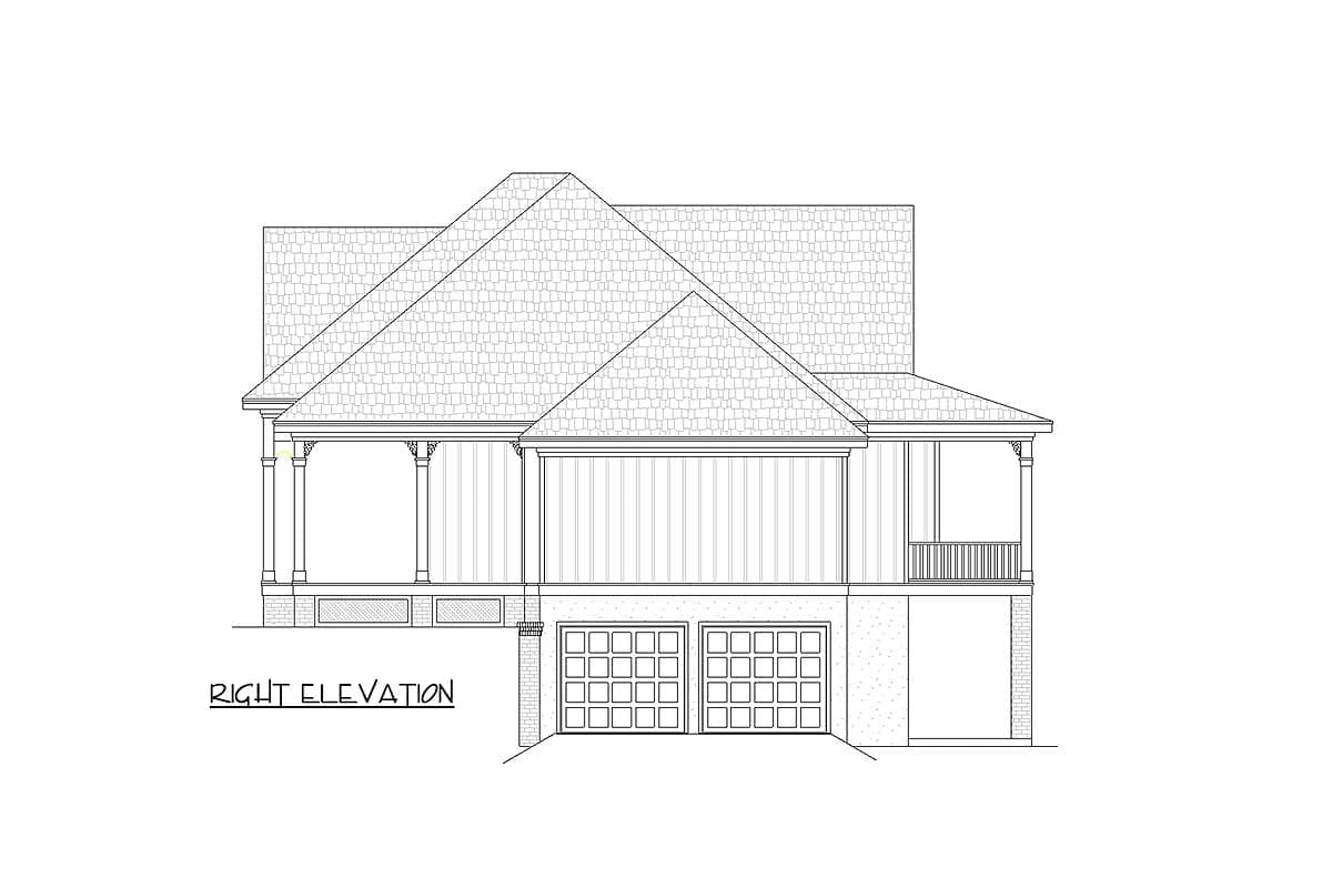 Right elevation drawing of a house plan featuring a covered front porch, gable rooflines, and a side-entry two-car garage.