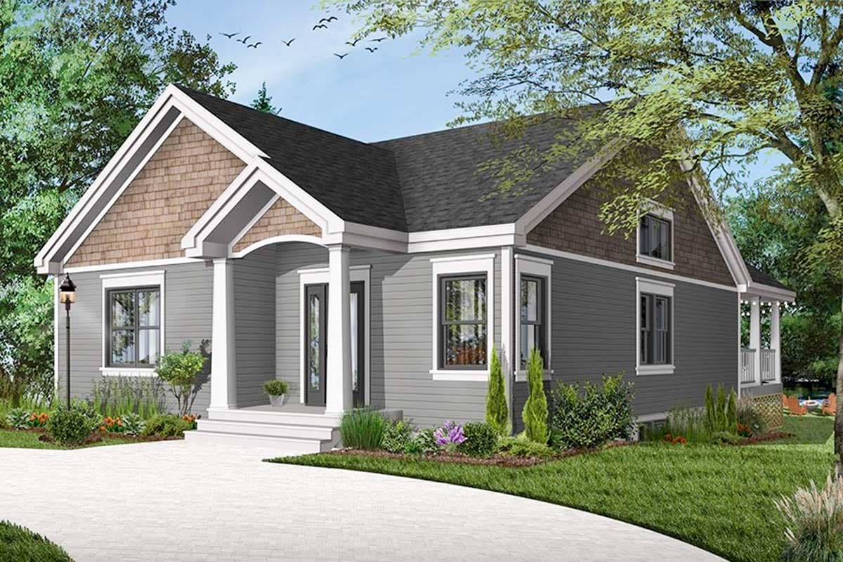 House plan exterior. One-story Craftsman home with a front porch, gabled roof, and wood shingle accents in the gables.