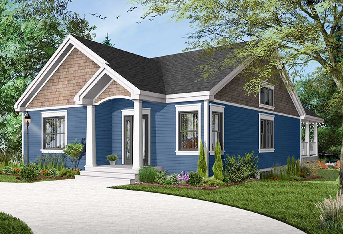 House plan exterior: Blue, one-story home with shake siding gable, arched entry porch, and dormer window.
