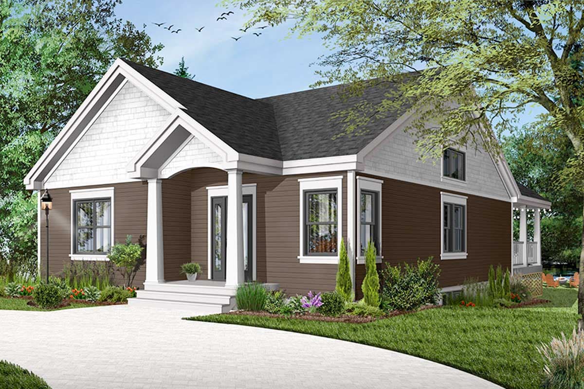 House plan exterior: Single-story Modern Farmhouse with a prominent gable, covered porch with columns, and shingle siding accents.