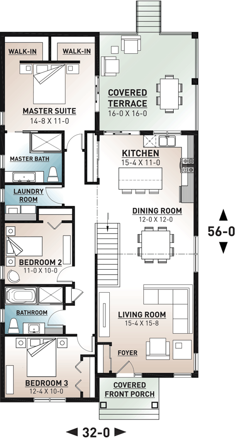 Plan 22526DR: Narrow Lot Ranch House Plan - Floor Plan - Main Level - Northwest, Ranch