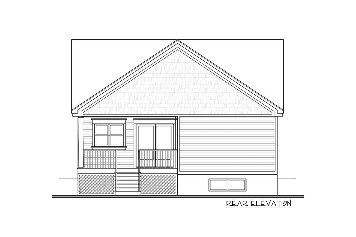 Rear elevation house plan with shingled gable, siding, and a small covered porch with stairs.