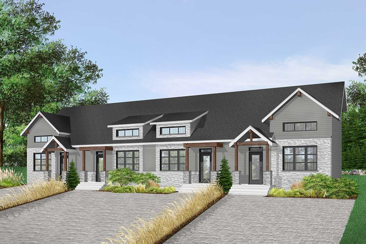 House plan exterior. Two-story Modern house with gabled roofs, stone veneer, and covered porch entries. Features dormers.