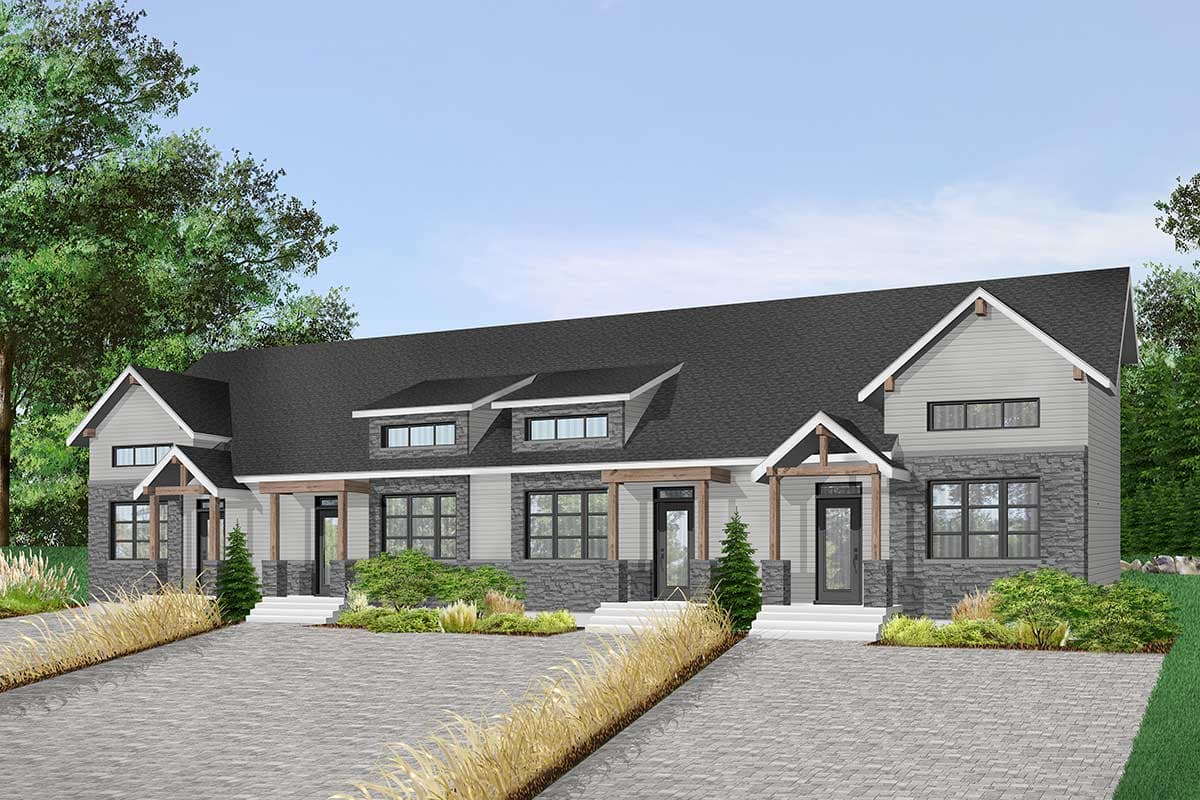 House plan exterior: Modern Farmhouse duplex with gables, dormers, stone accents, and covered entry porches.