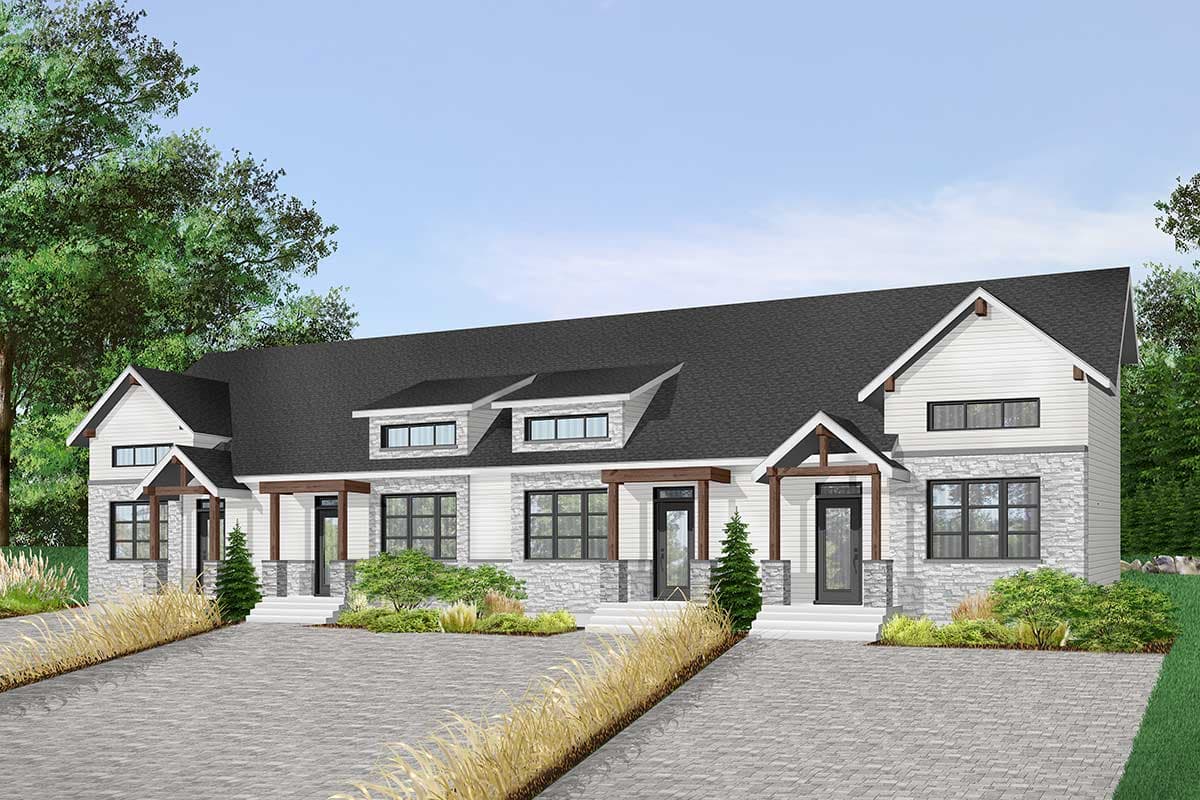 House plan exterior rendering of a modern farmhouse duplex with stone accents, gables, and dormer windows.