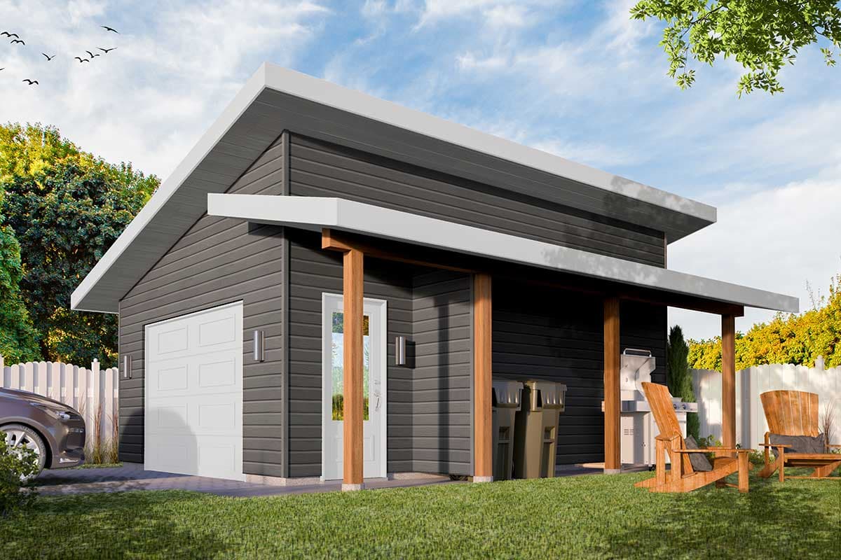 House plan exterior with shed-style roof, single-story, and cantilevered porch. Features include a garage door and wood columns supporting the porch.