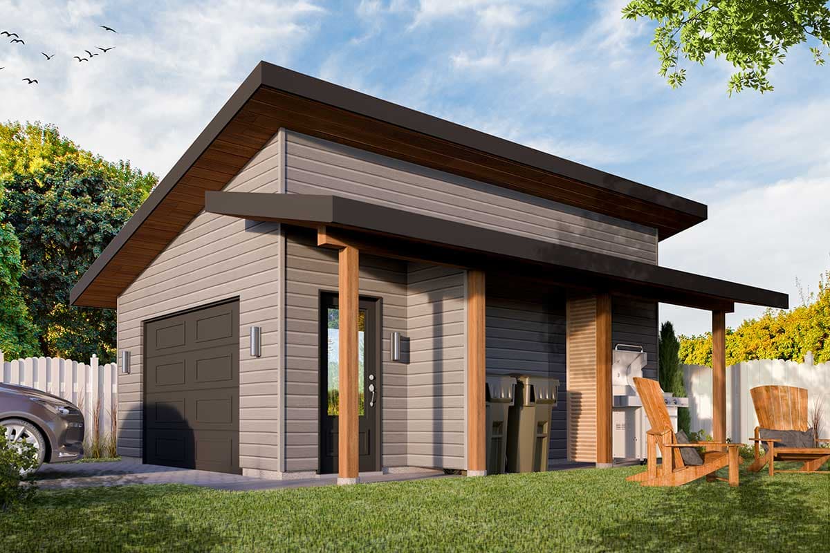 Modern house plan exterior with a gable roof, horizontal siding, covered entry, and garage.