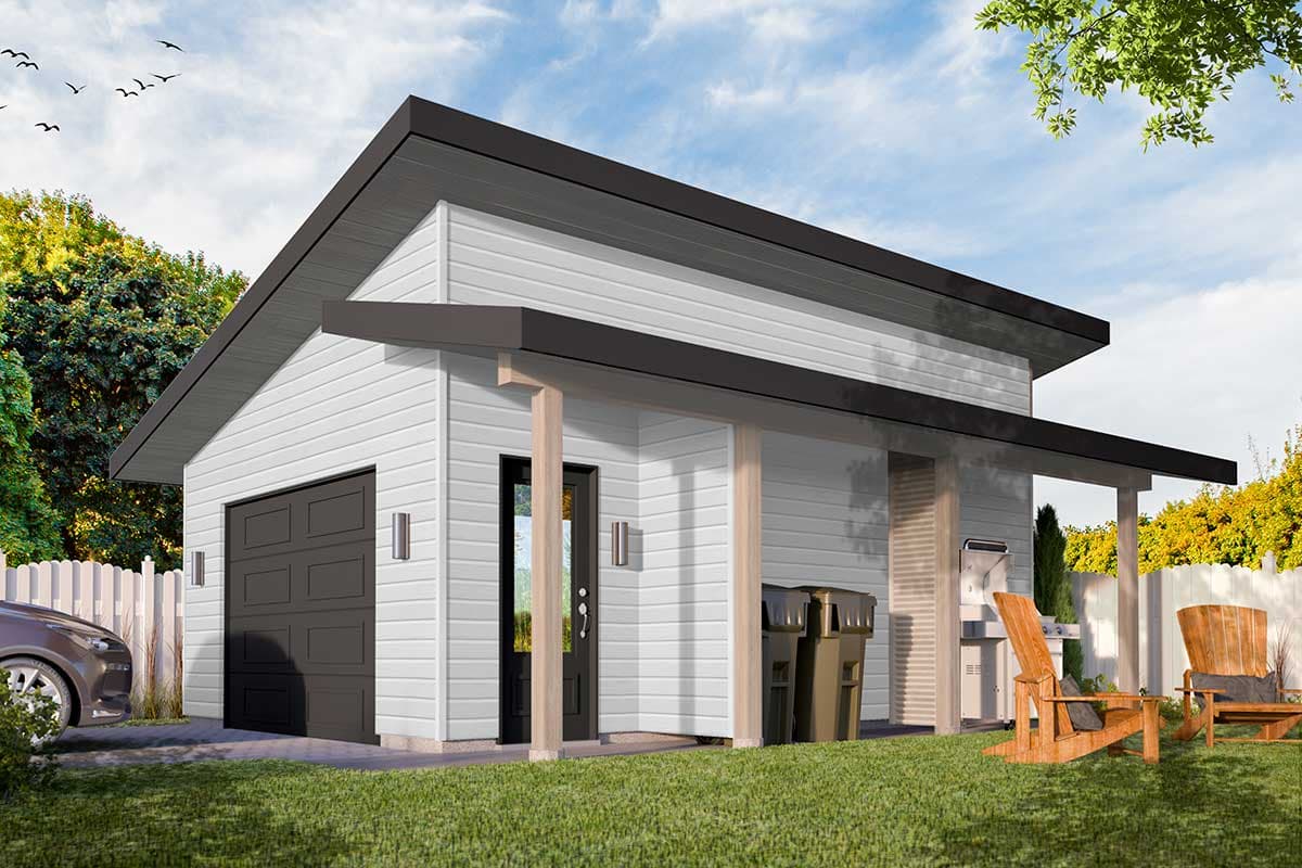 Modern house plan exterior with single-car garage, covered porch, and gable roof.