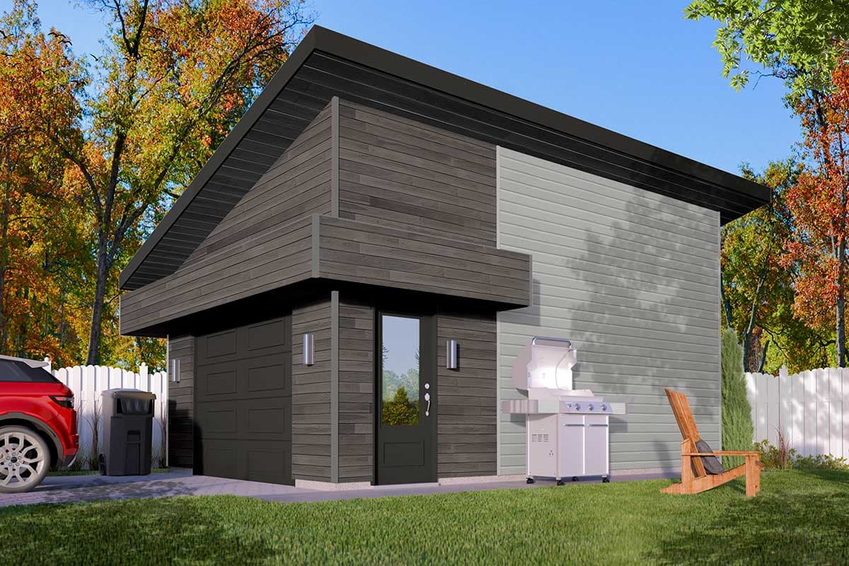 Modern house plan exterior with dark wood siding, gray siding, attached garage, and front door.