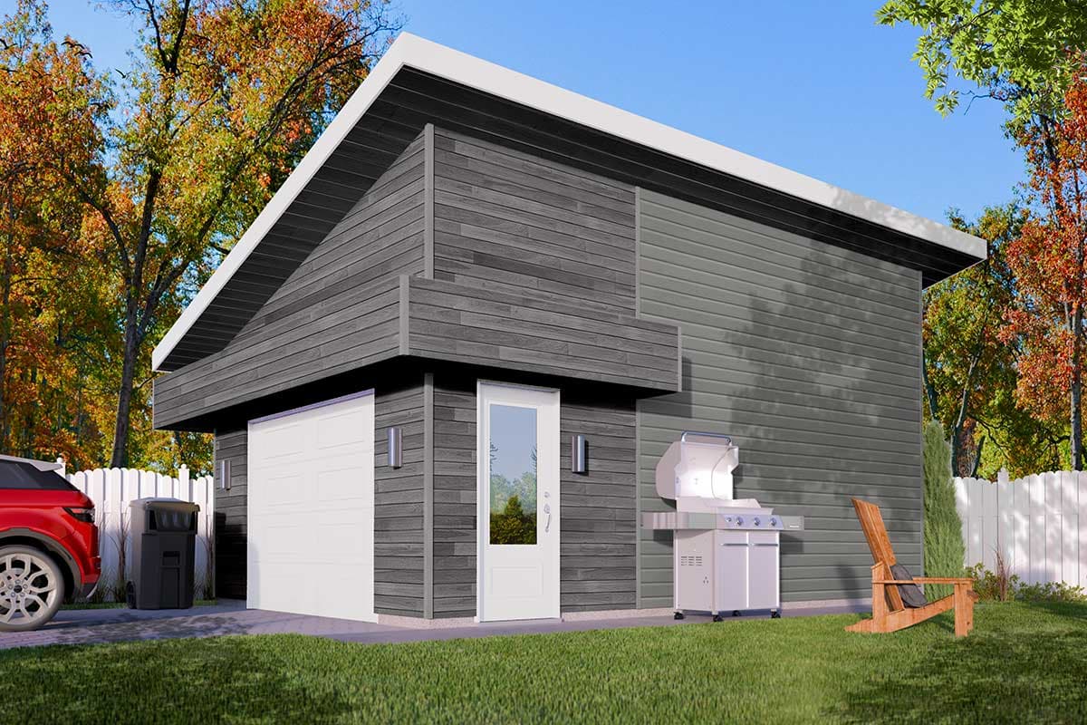 Modern garage house plan exterior with a single garage door, entry door, and a sloped roof.