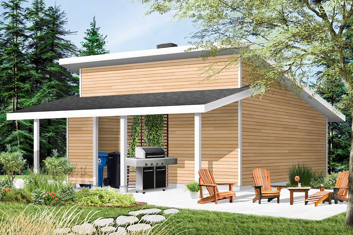 House plan exterior. Modern style with a single story. Features include a covered porch, horizontal siding, and a low-slope shed roof.