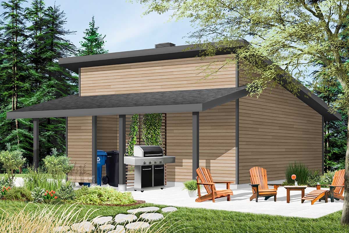 Modern house plan exterior with horizontal siding, a covered patio with a grill, and outdoor seating.