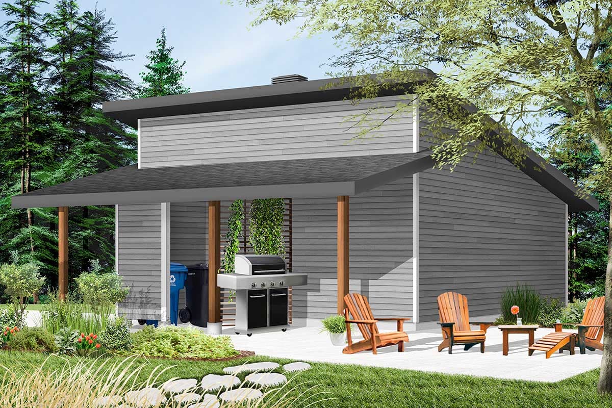 House plan exterior featuring a covered outdoor kitchen area with grill, trash bins, and seating.
