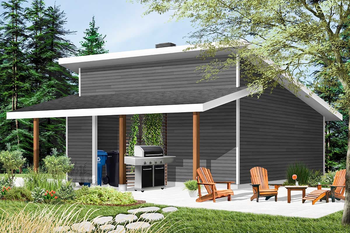 House plan exterior with covered patio, grill, trash bins, and seating area. Modern horizontal siding and flat roof.