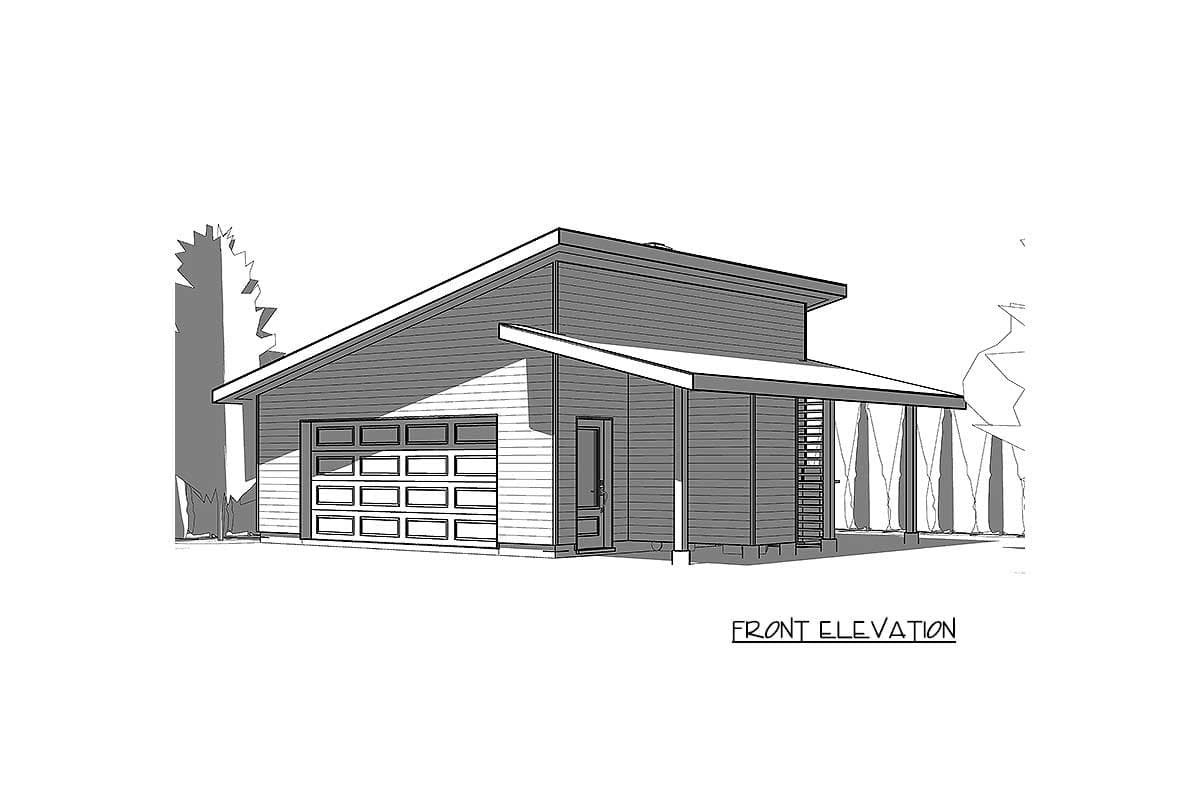 Front elevation drawing of a modern house with a two-car garage, covered porch, and shed roof.