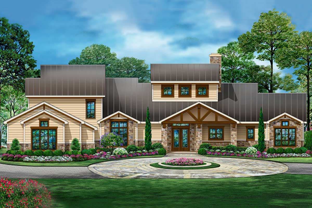 House plan exterior. Two-story with Craftsman style elements. Features include gables, stone accents, and a covered porch with exposed beams.