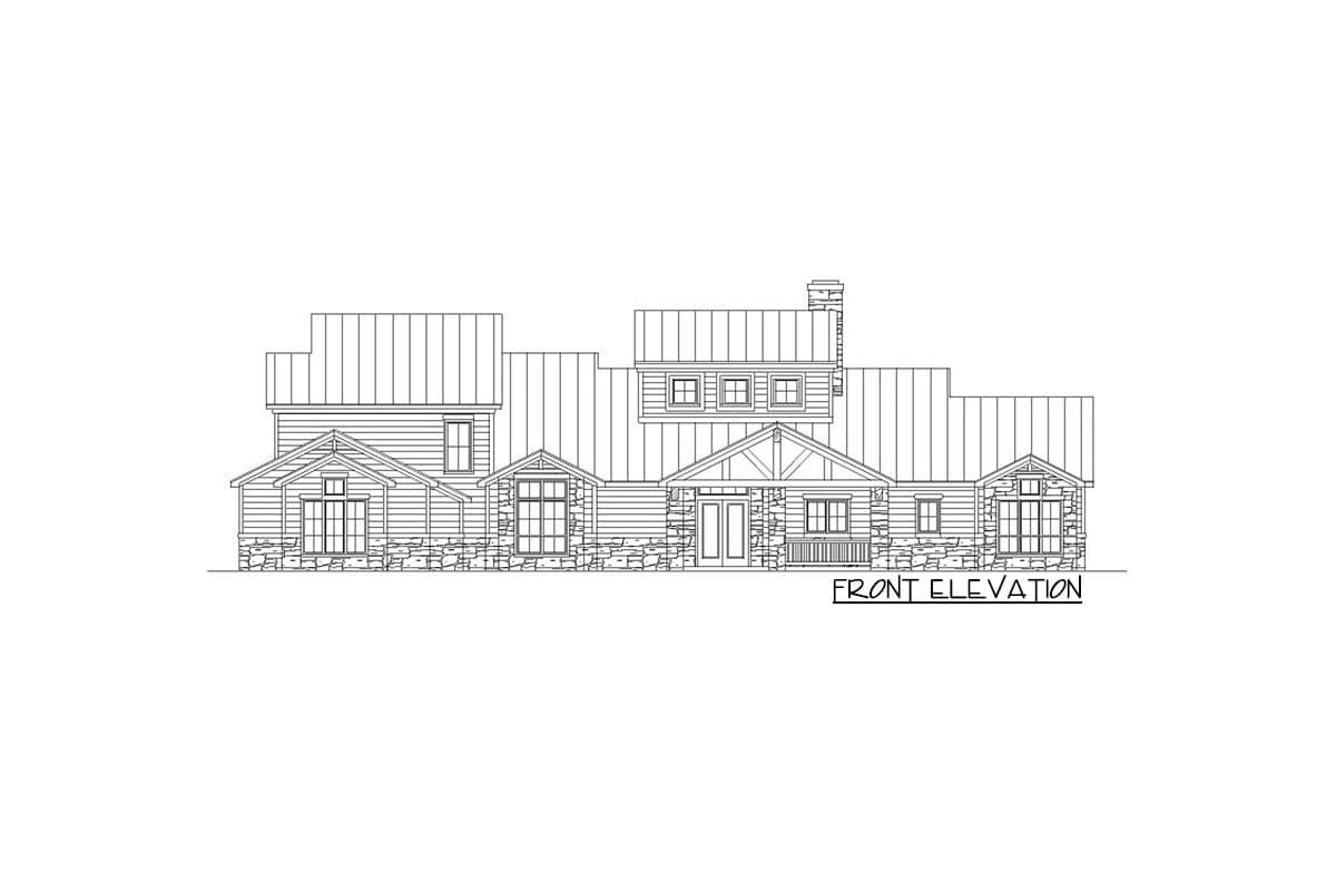 Front elevation drawing of a multi-story house plan with gables, dormers, stone foundation, and large windows.