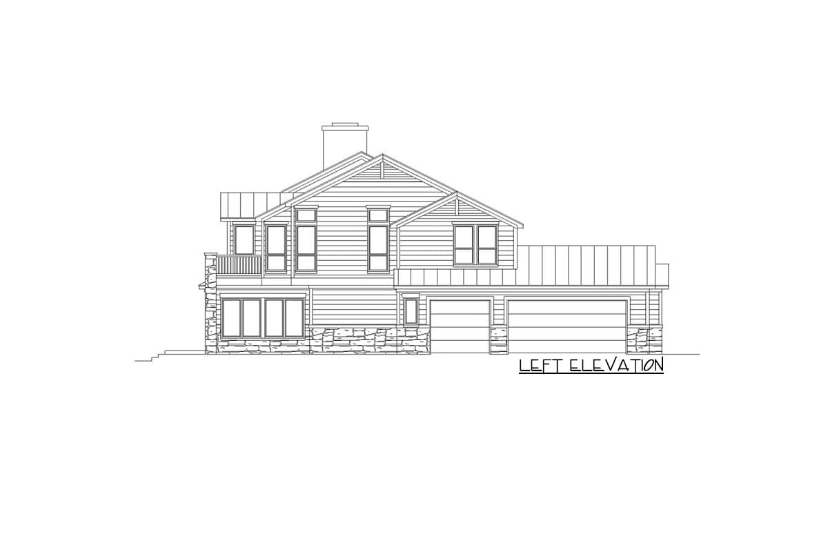 Left elevation house plan with stone wainscoting, multiple gables, balcony, and a three-car garage.