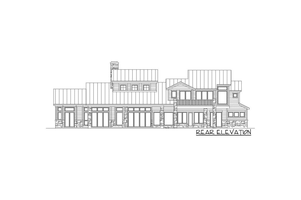 Rear elevation of a house plan featuring multiple gables, dormers, large windows, a balcony, and stone accents.