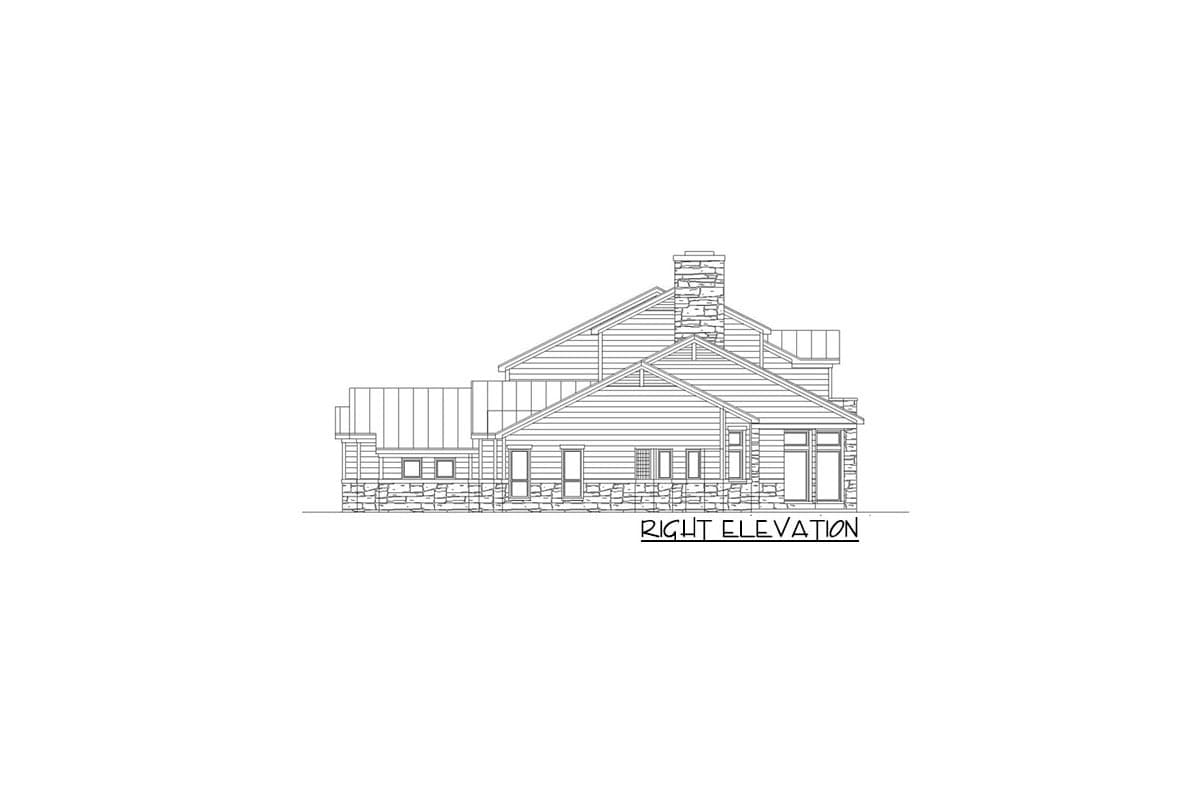 House plan right elevation drawing featuring a stone chimney, gabled roof, and stone foundation.