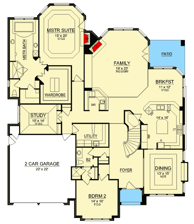 Plan 36556TX: Luxury 3-Bed Home Plan with Overlooks to the Family Room and Foyer - Floor Plan - Main Level - European