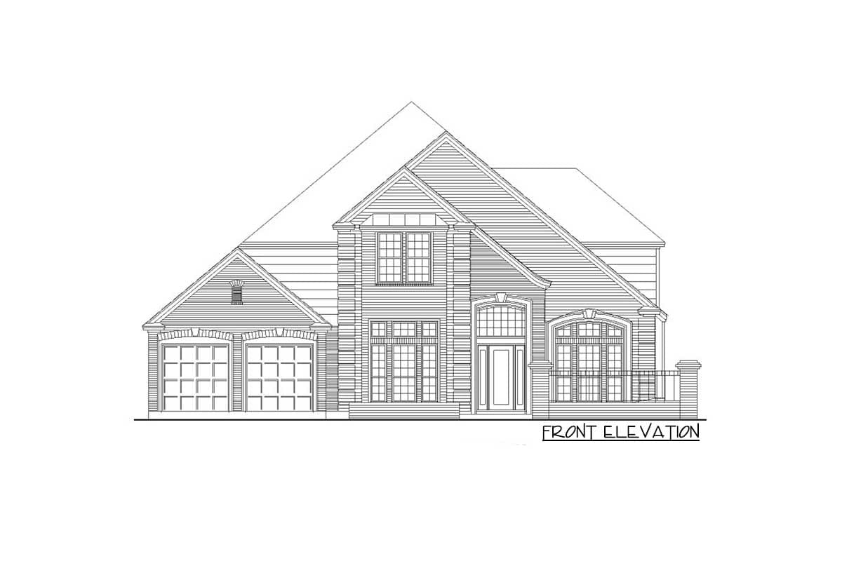 Front elevation drawing of a two-story house plan with a three-car garage, prominent gables, and arched entryway.