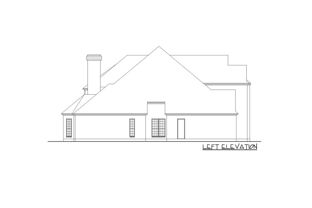 Left elevation of a house plan, showing a chimney, varied rooflines, multiple windows, and a door.