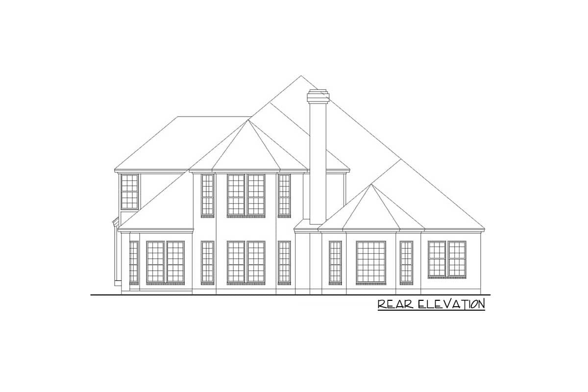 Rear elevation drawing of a multi-story house with multiple gables and a prominent chimney.
