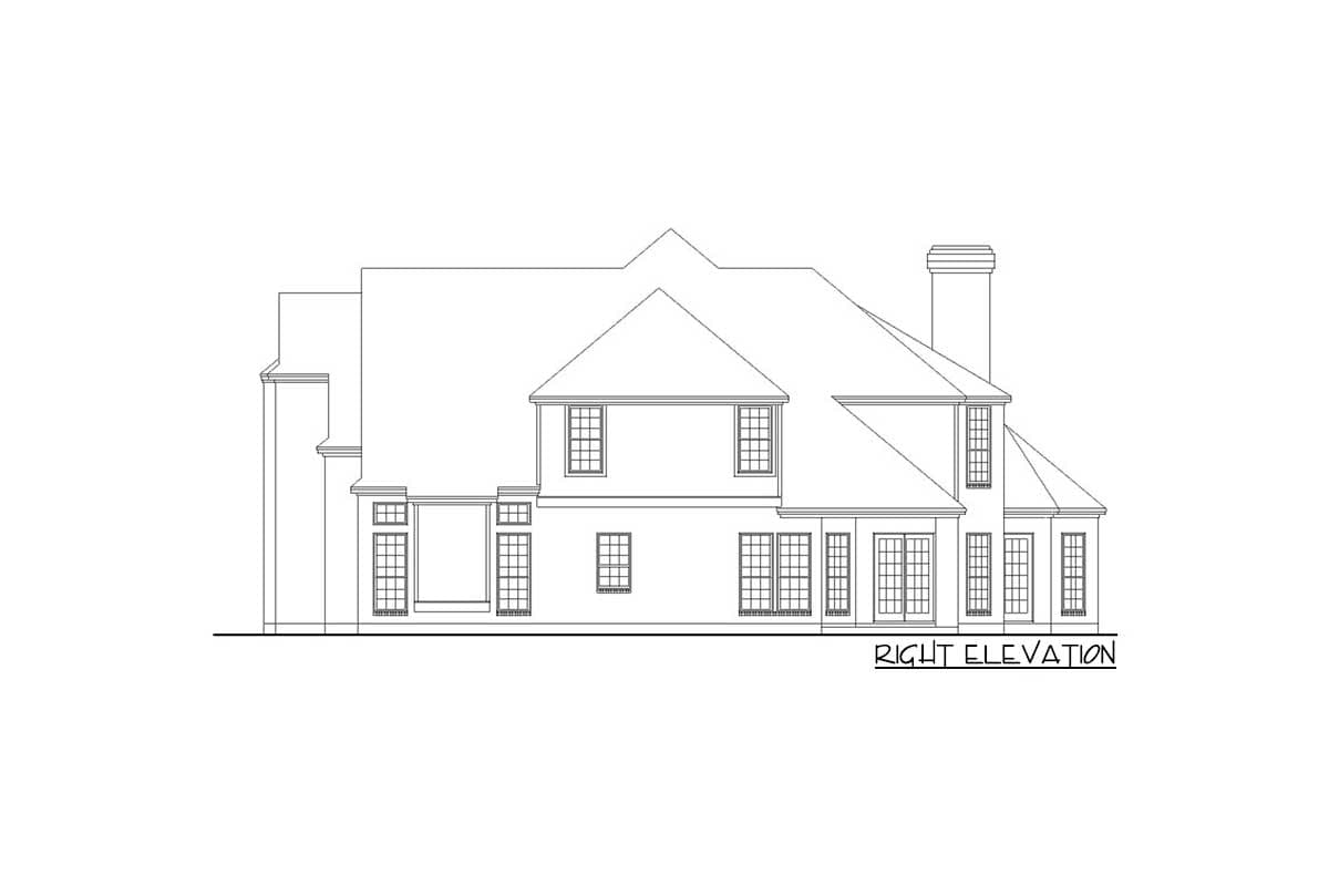 House plan right elevation showing multiple windows, a covered porch area, and a prominent chimney.
