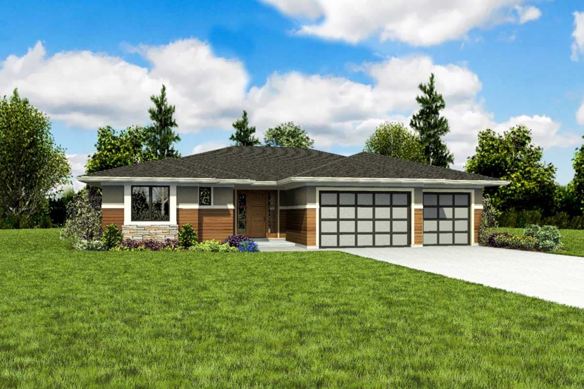 Ranch house plan exterior with a multi-level roof, stone accents, wood siding, and a three-car garage with glass panel doors.