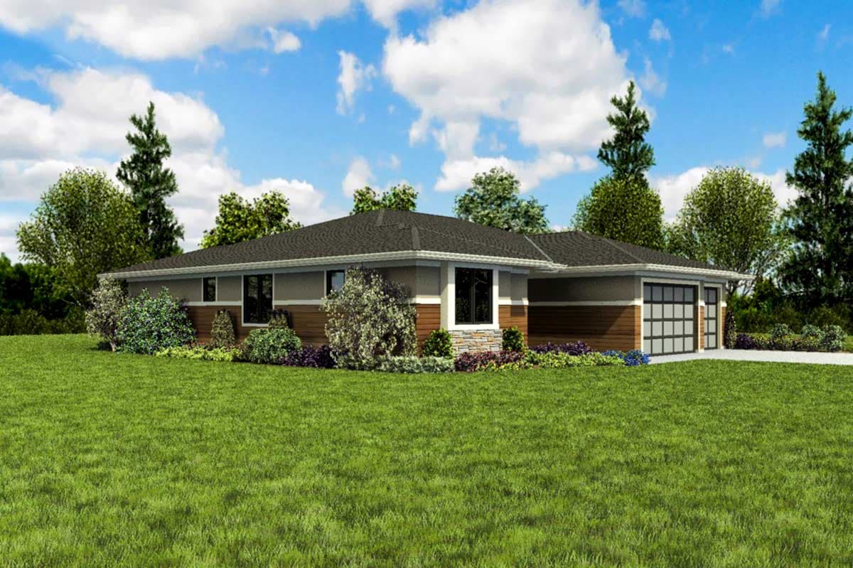 House plan exterior: one-story ranch with stone and wood siding, a dark roof, and a two-car garage with glass doors.