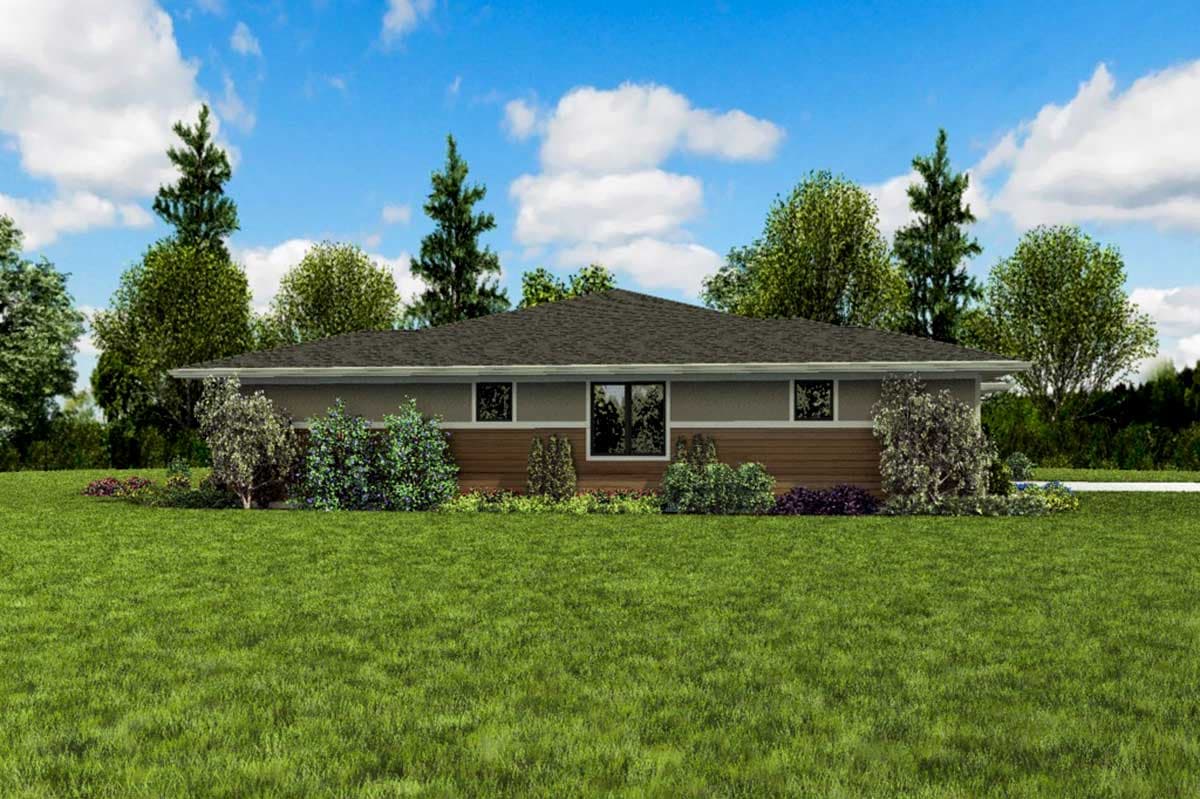 House plan exterior: Ranch style, one story, with horizontal siding, wide eaves, and a central window group.