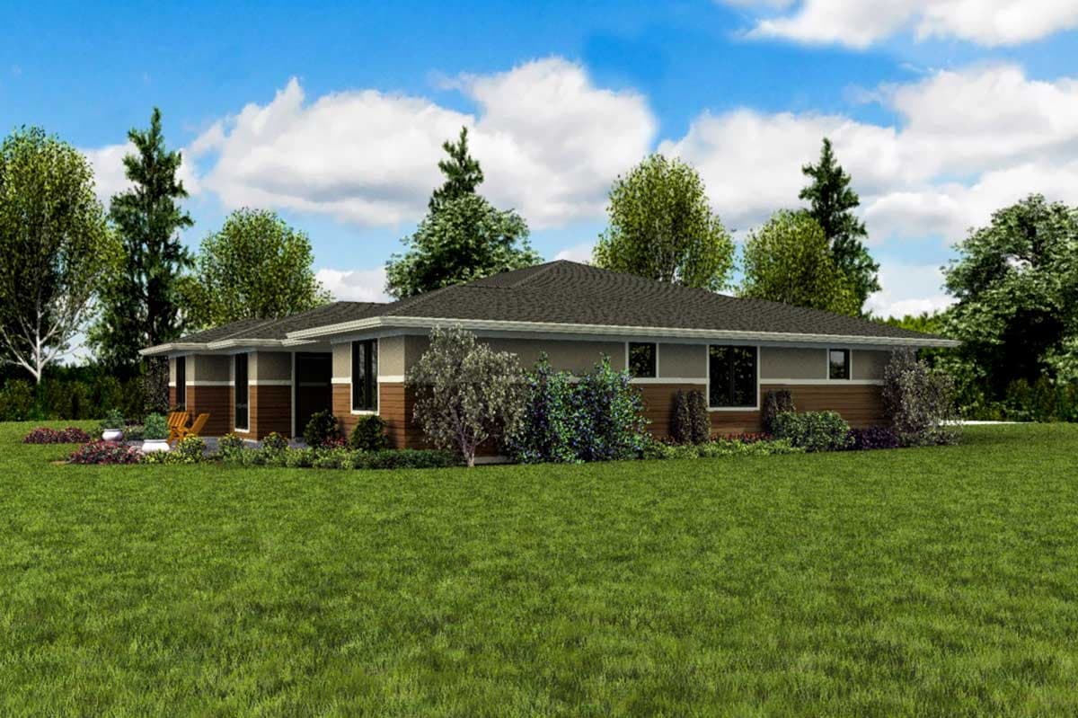 Ranch-style house plan exterior with a low-pitched roof, horizontal siding, and multiple windows.