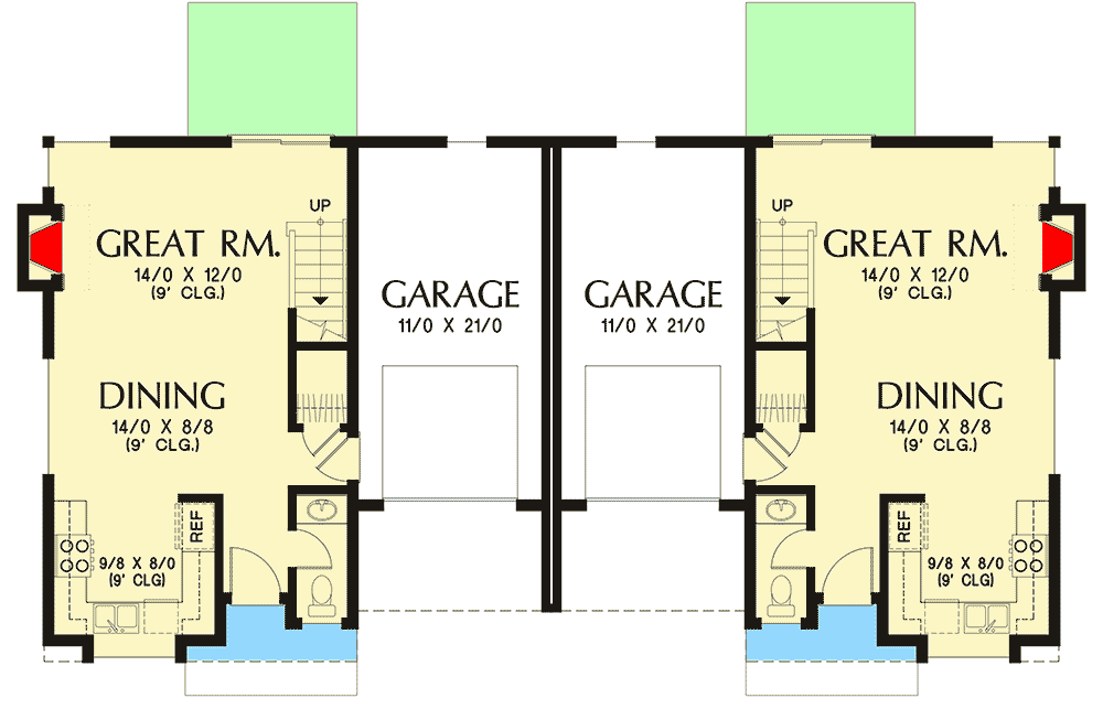Plan 69694AM: Modern Duplex House Plan with Symmetrical 3-Bed Units - Floor Plan - Main Level - Contemporary, Northwest, Prairie