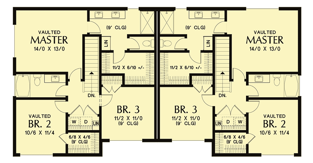 Plan 69694AM: Modern Duplex House Plan with Symmetrical 3-Bed Units - Floor Plan - 2nd Floor - Contemporary, Northwest, Prairie