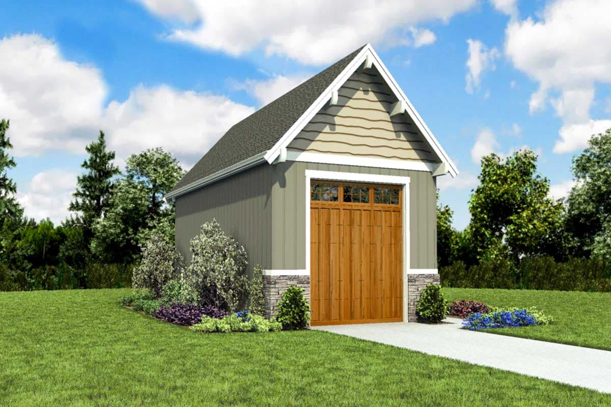 House plan exterior of a one-story garage with a gable roof, vertical siding, stone foundation, and a large wooden garage door with a transom window.