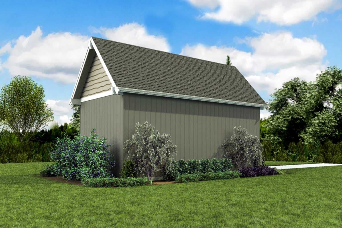 House plan exterior: One-story structure with vertical siding, gable roof, and shingled gable end.