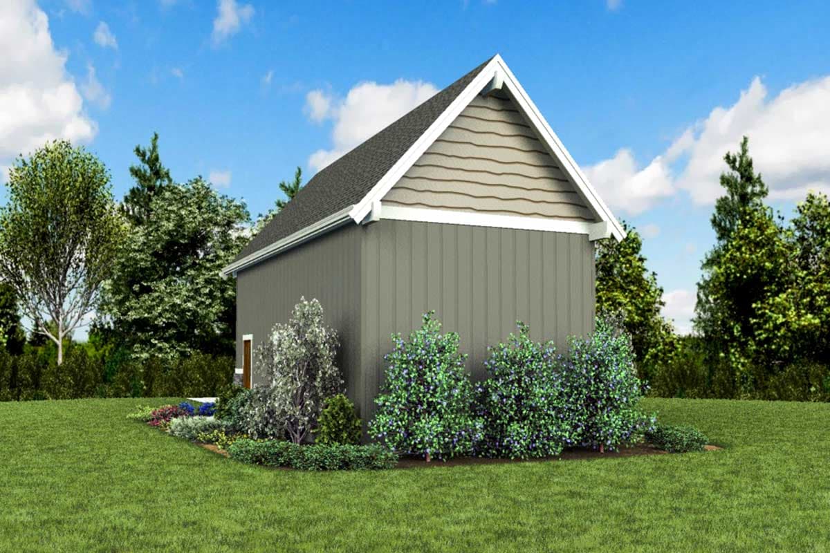 House plan exterior of a one-story structure with vertical siding, a gable roof, and shingle-sided gable end.