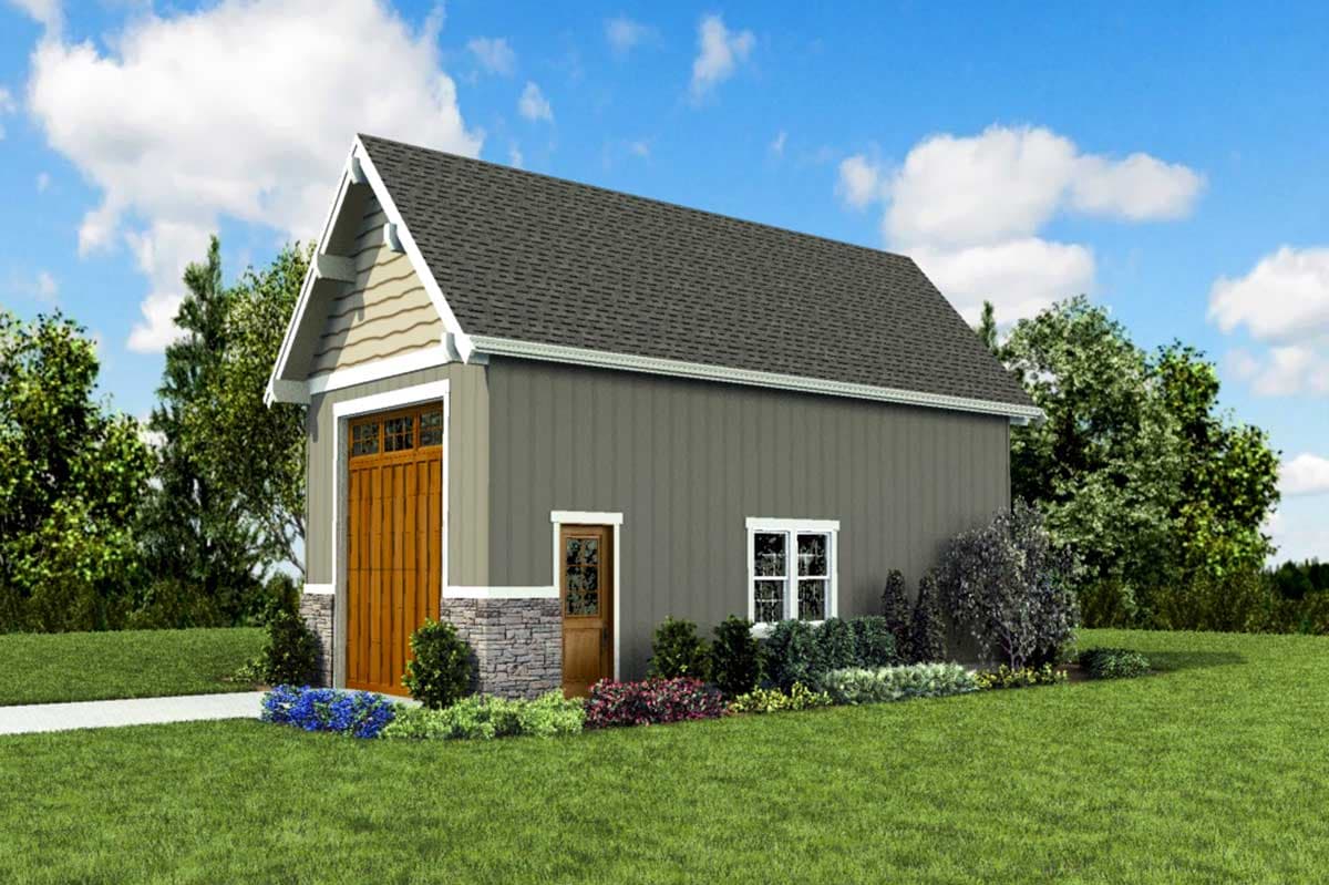 House plan exterior featuring a gable roof, vertical siding, stone foundation, and a large wooden garage door.